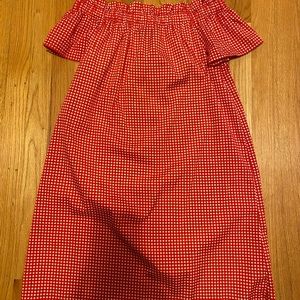 Red gingham off the shoulder dress